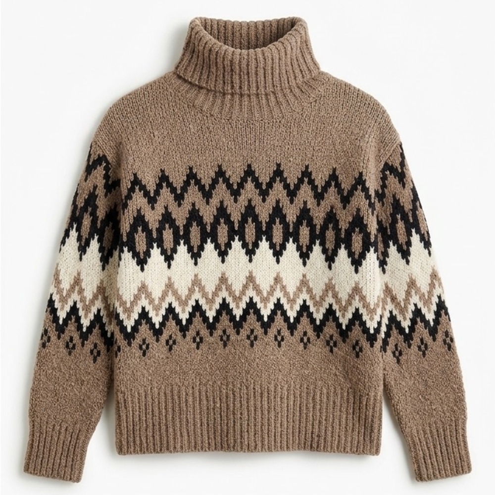 Reiss Bobbi Chunky Fairisle Pattern Knit Funnel Neck Jumper in Brown